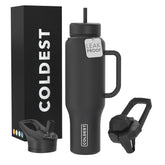 Coldest Tumbler 46 oz vista frontal con tapa y acabado negro, mantiene bebida fría