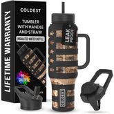 Coldest Tumbler vista frontal Camouflage Flag mostrando capacidad y diseño