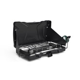 Coleman Triton vista frontal con mandos, práctico para controlar llama