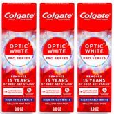 Colgate Optic White vista frontal del paquete mostrando beneficio blanqueador
