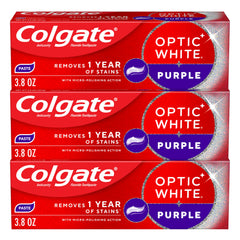 Colgate Optic White Purple frente del empaque mostrando pack triple y beneficio blanqueador