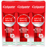 Colgate Optic White Renewal frontal del pack mostrando tres tubos y beneficios