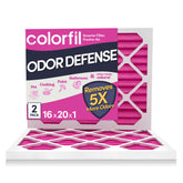 Colorfil filtro frontal en paquete de dos mostrando marca y tamaño, mejora aire interior
