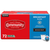 Community Coffee empaque frontal mostrando 72 cápsulas y beneficio conveniencia