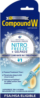 Compound W NitroFreeze frente del empaque mostrando contenido y beneficios
