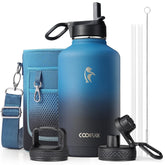 Coolflask vista frontal 64 oz mostrando capacidad y diseño, fácil transporte