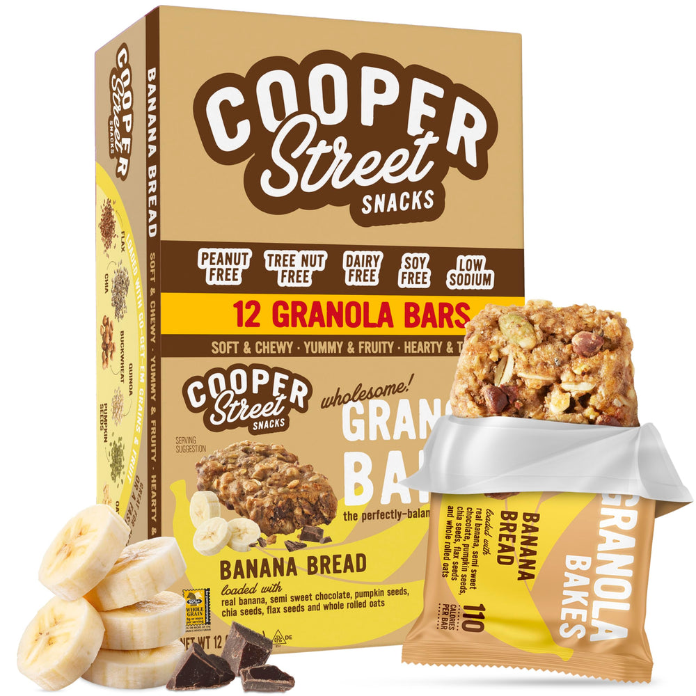 COOPER STREET frente del empaque mostrando sabor Banana Bread y ventaja escolar