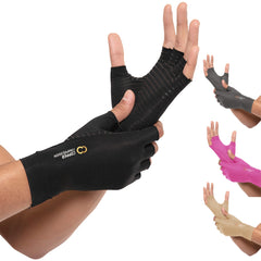 Copper Compression gloves front packaging showing product benefits and fit