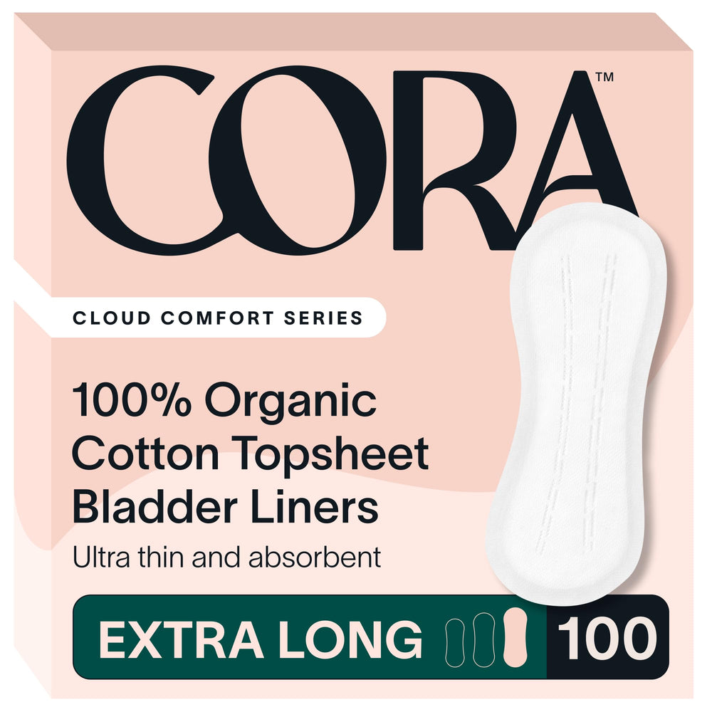 Cora empaque frontal de forros vejiga extra largos mostrando cantidad y marca, comodidad inmediata