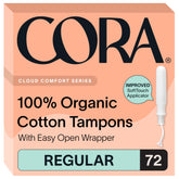 Cora paquete frontal que muestra 72 tampones y beneficios naturales