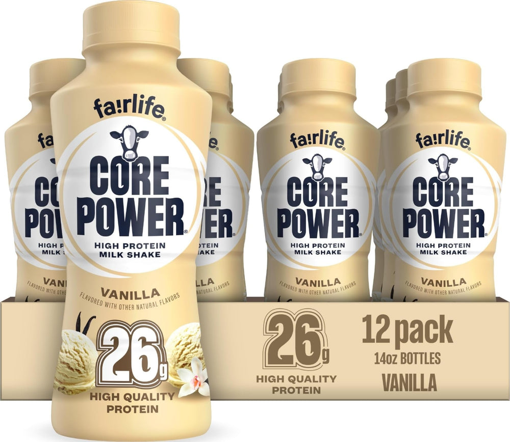 Core Power botella frontal vainilla mostrando etiqueta y tamaño, conveniencia inmediata