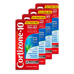 Cortizone 10 frente del empaque mostrando el pack de cuatro tubos y uso práctico