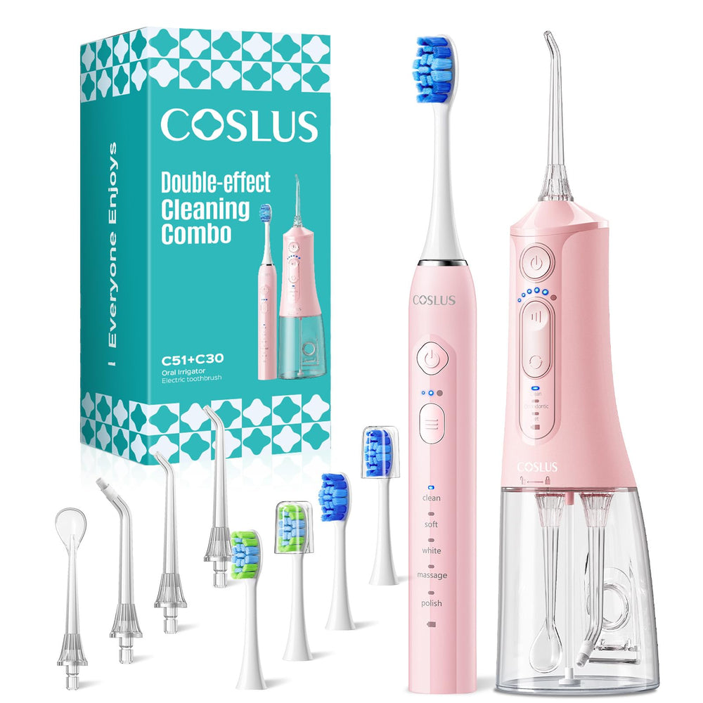 COSLUS kit frontal completo mostrando cepillo y irrigador para limpieza eficiente