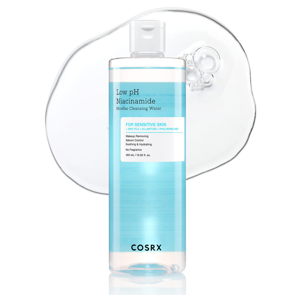 COSRX botella frontal del Low pH Niacinamide Cleansing Water beneficio limpieza suave