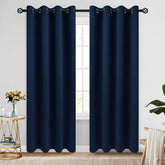COSVIYA panel frontal azul marino mostrando caída elegante y bloqueo de luz