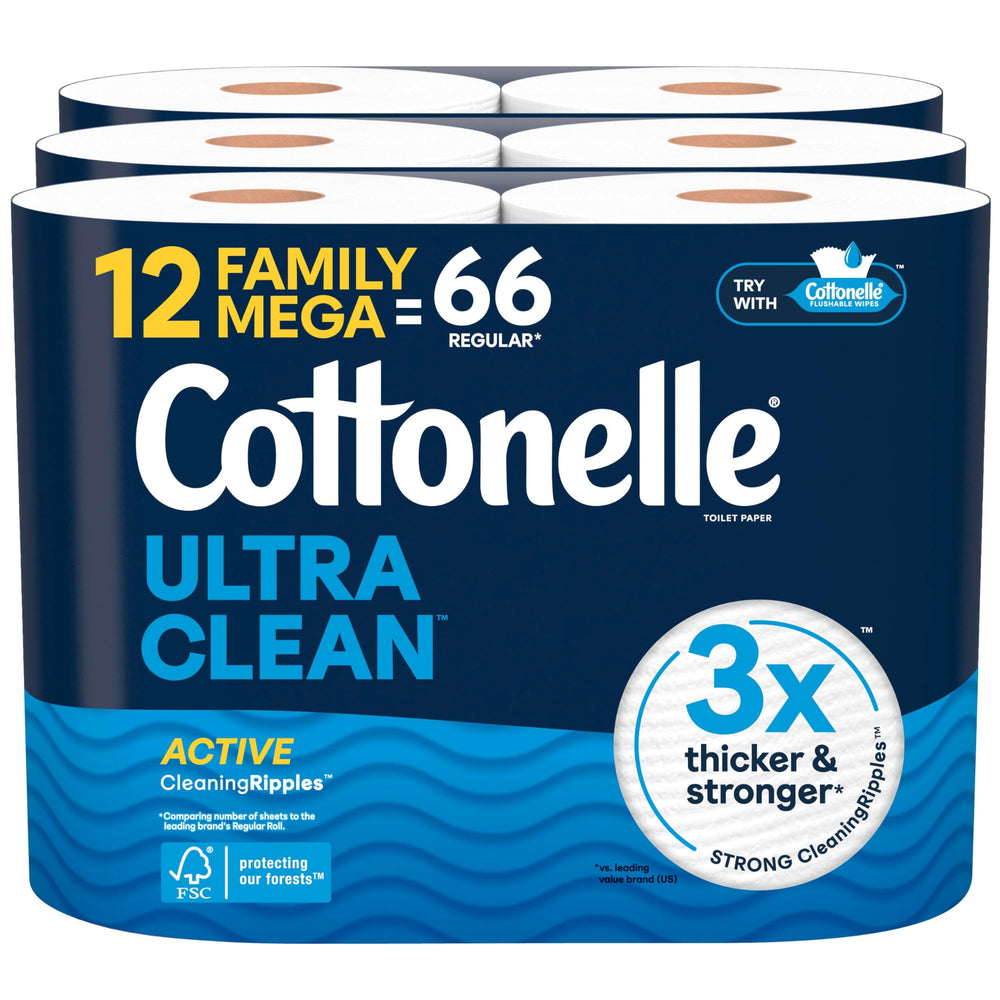 Cottonelle embalaje frontal mostrando 12 Family Mega Rolls y beneficio de larga duración