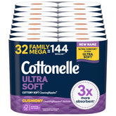 Cottonelle paquete frontal mostrando 32 Family Mega Rolls y ahorro
