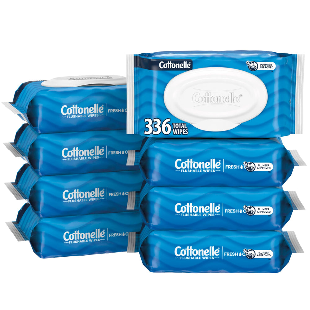 Cottonelle vista frontal del paquete mostrando 42 toallitas y tapa práctica