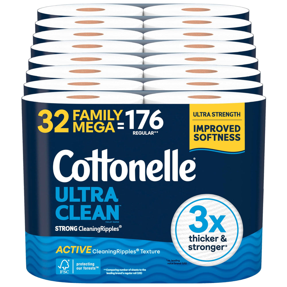 Cottonelle envase frontal mostrando 32 Family Mega Rolls y ahorro