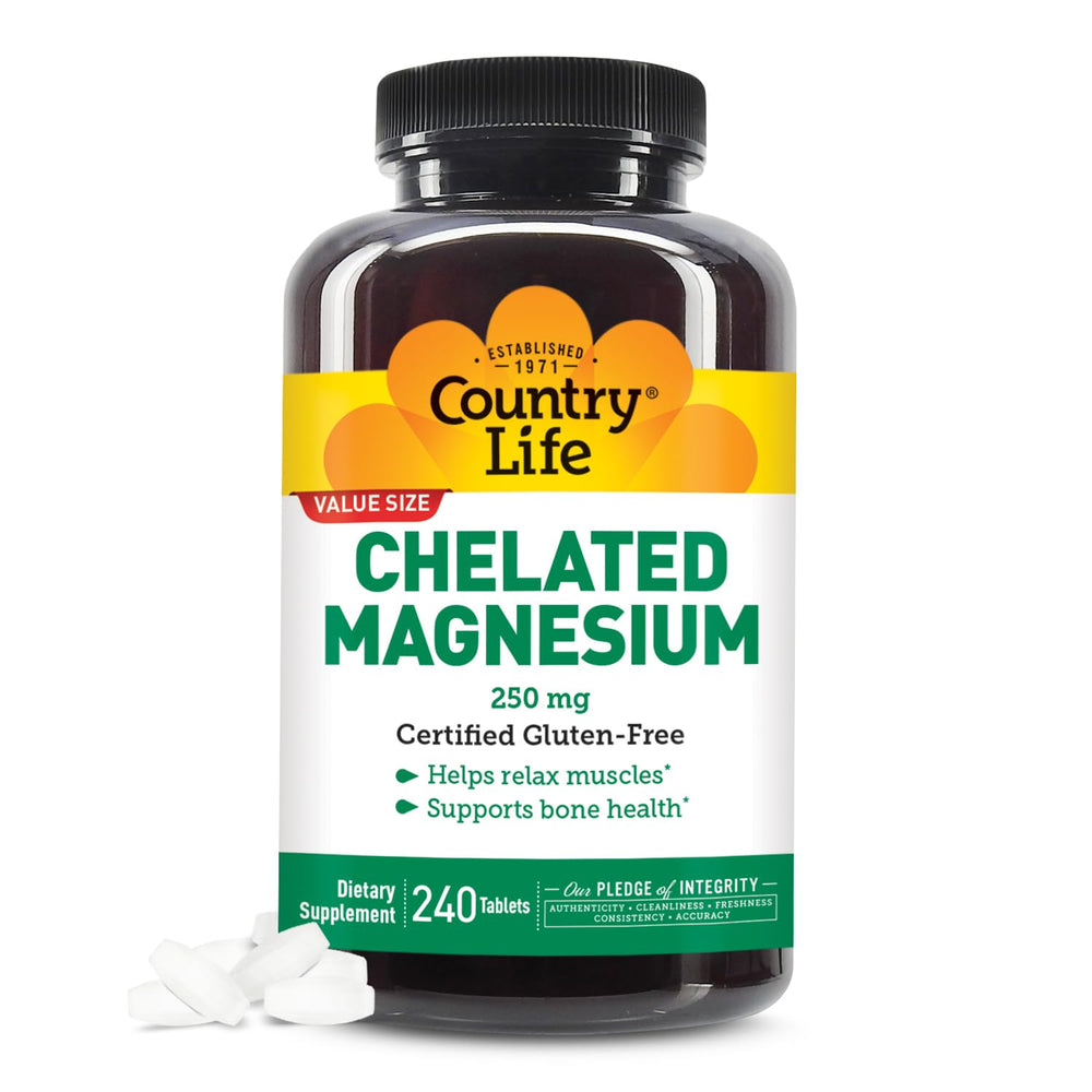 Country Life envase frontal del magnesio 250 mg mostrando etiqueta y beneficio práctico
