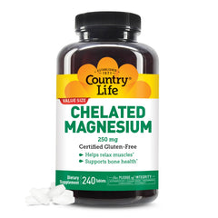 Country Life envase frontal del magnesio 250 mg mostrando etiqueta y beneficio práctico