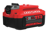 CRAFTSMAN paquete frontal mostrando la batería y compatibilidad V20 para mayor autonomía