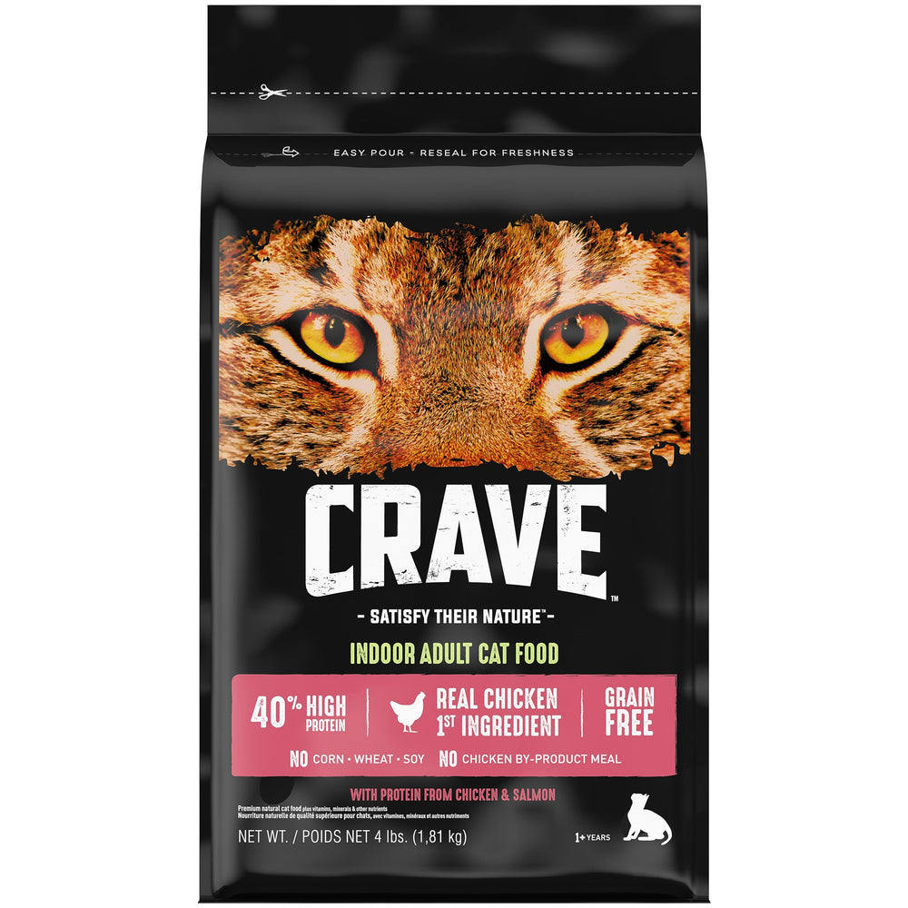 Crave 4 lb bag front packaging showing chicken and salmon benefits