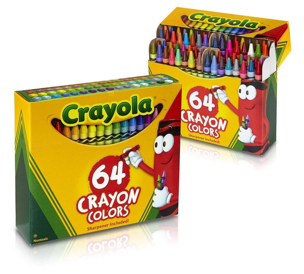 Crayola caja frontal mostrando 64 colores y sacapuntas integrado para mayor organización