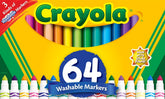 Crayola frente del estuche mostrando 64 marcadores y variedad de colores