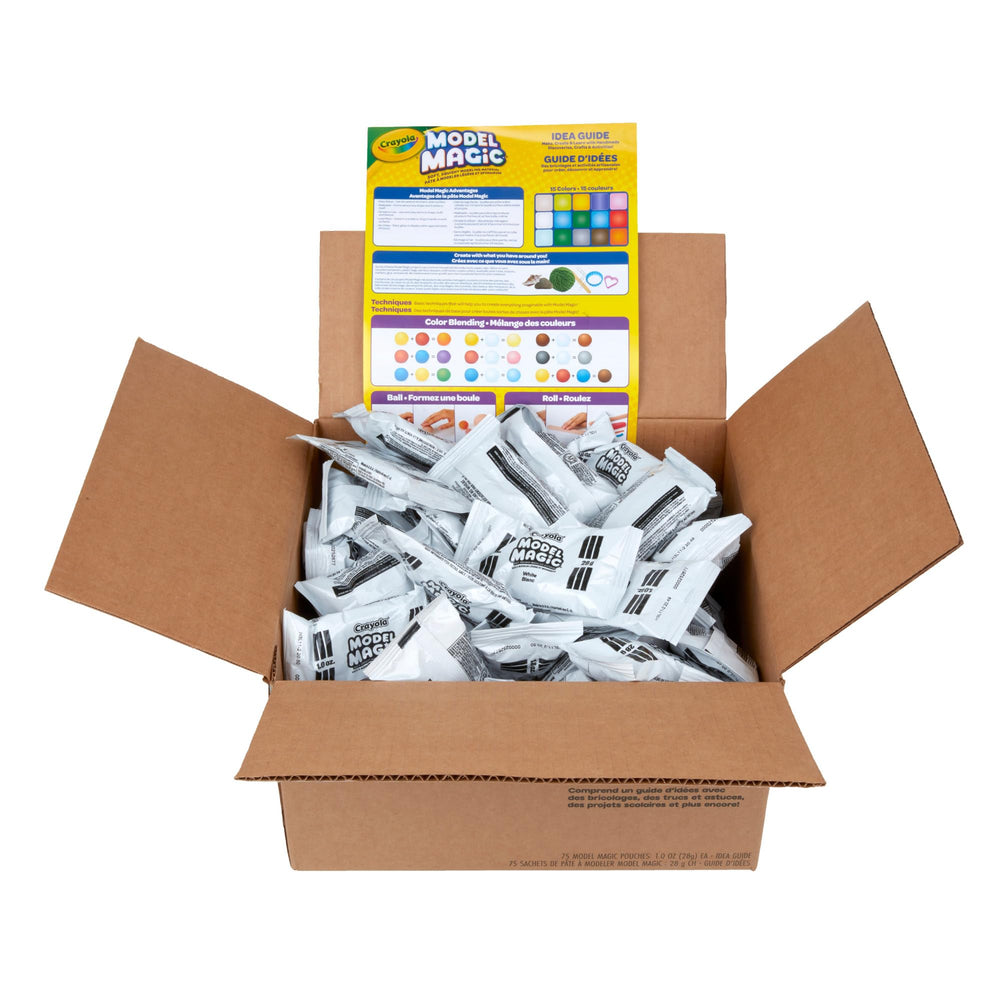 Crayola paquete frontal mostrando 75 sobres para distribuciones escolares y ahorro