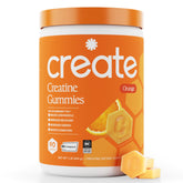 Create empaque frontal mostrando gomas naranja y beneficio portabilidad
