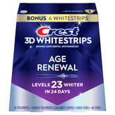 Crest 3D Whitestrips empaquetado frontal mostrando el kit y beneficios