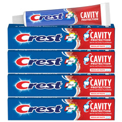 Crest paquete frontal mostrando cuatro tubos y beneficio de reposición fácil