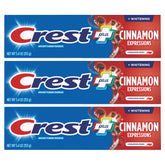 Crest paquete frontal Cinnamon Rush mostrando tres tubos y beneficio de protección diaria