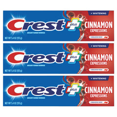 Crest paquete frontal Cinnamon Rush mostrando tres tubos y beneficio de protección diaria
