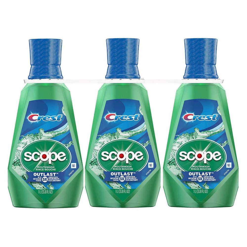 Crest Scope Outlast botella frontal mostrando etiqueta y beneficio de frescor prolongado