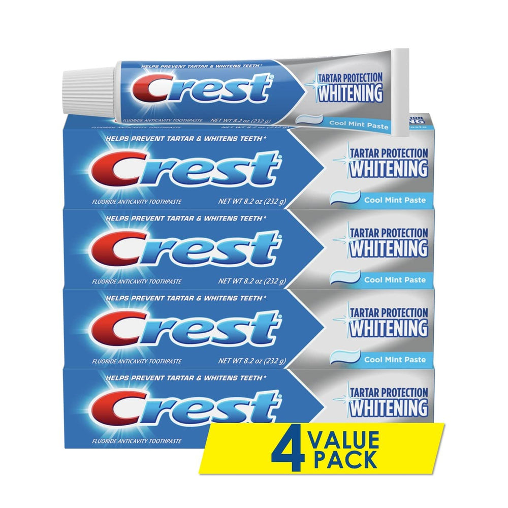 Crest frontal del empaque mostrando protección antisarro y blanqueamiento beneficios visuales