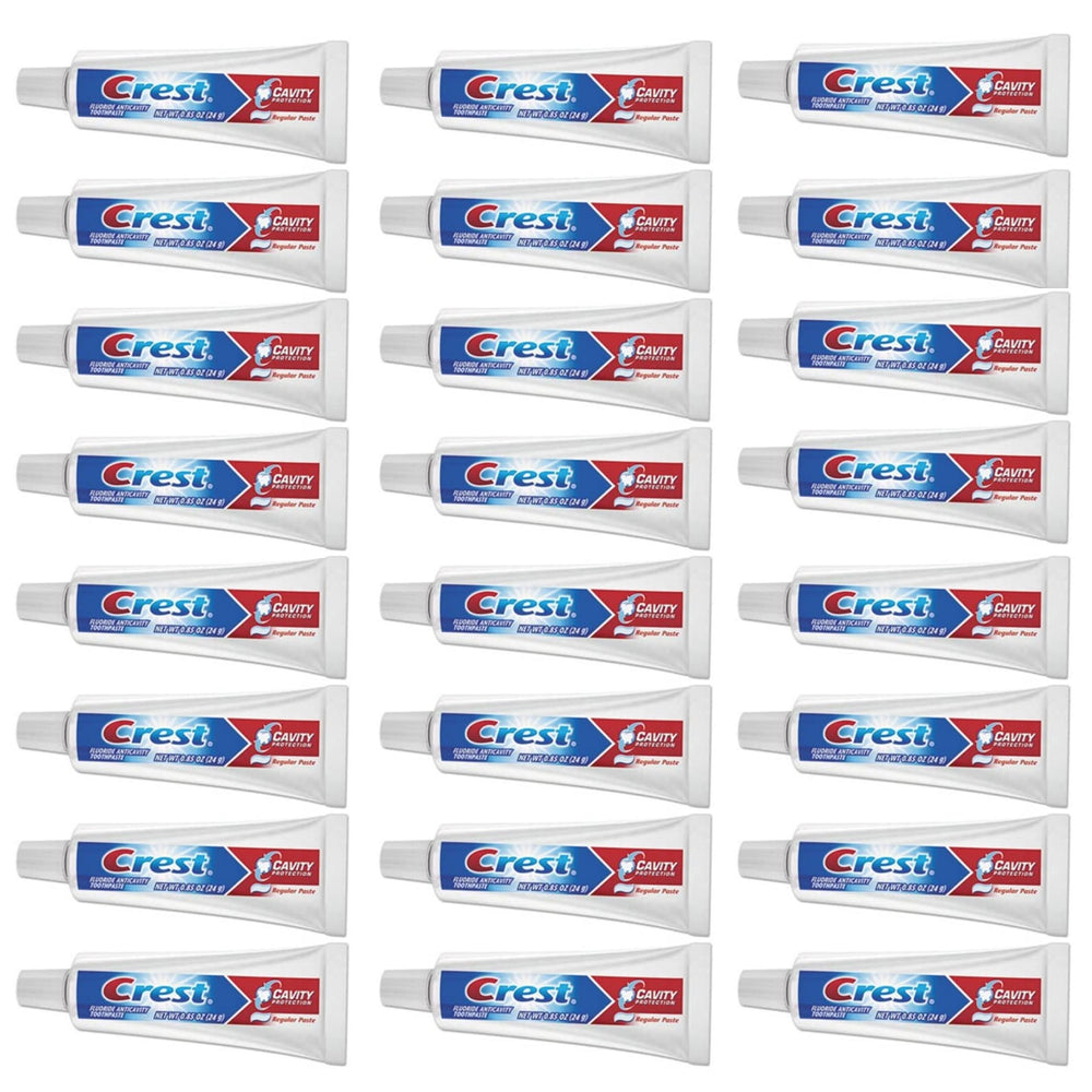 Crest travel tube front packaging showing brand and size for easy identification and portability