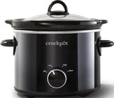 Crock-Pot frontal con acabado negro mostrando control manual y beneficio de simplicidad