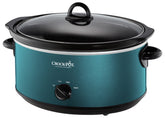 Crock-Pot vista frontal turquesa mostrando control manual y bandeja grande
