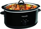 Crock-Pot vista frontal negra con base y tapa, mostrando capacidad y diseño