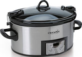 Crock-Pot frontal de acero inoxidable mostrando diseño y capacidad