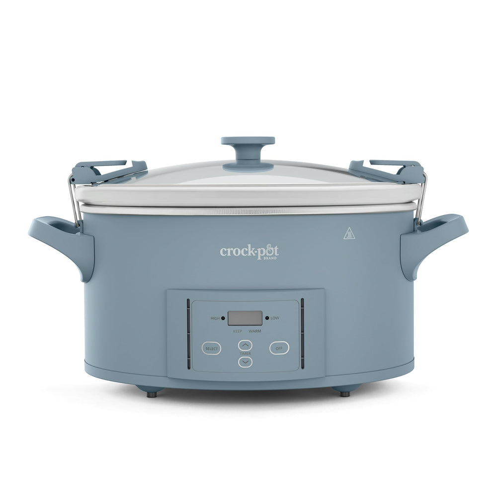 Crock-Pot frontal en Morning Haze blue mostrando diseño y capacidad