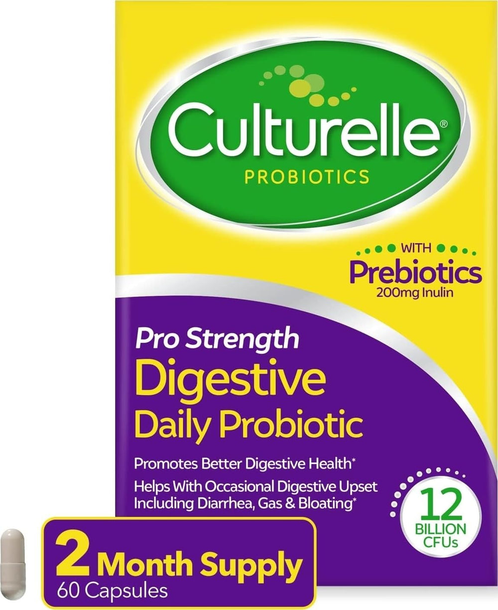 Culturelle vista frontal del empaque mostrando 60 cápsulas y beneficios digestivos