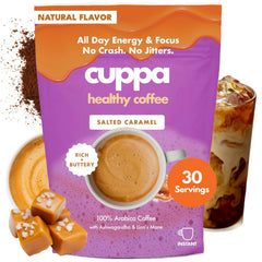 Cuppa Healthy Coffee paquete frontal mostrando 30 servicios y sabor caramelo salado