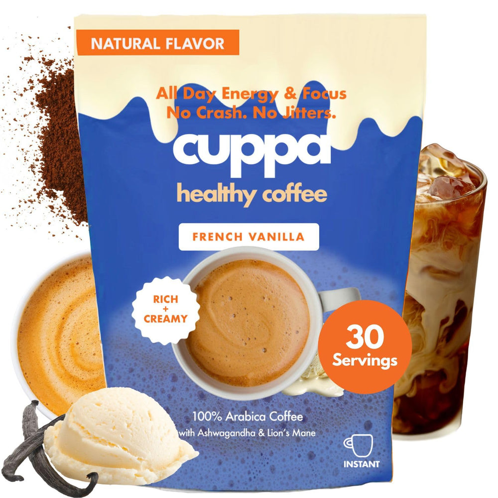 Cuppa Healthy Coffee frente del envase mostrando sabor y raciones