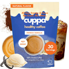 Cuppa Healthy Coffee frente del envase mostrando sabor y raciones