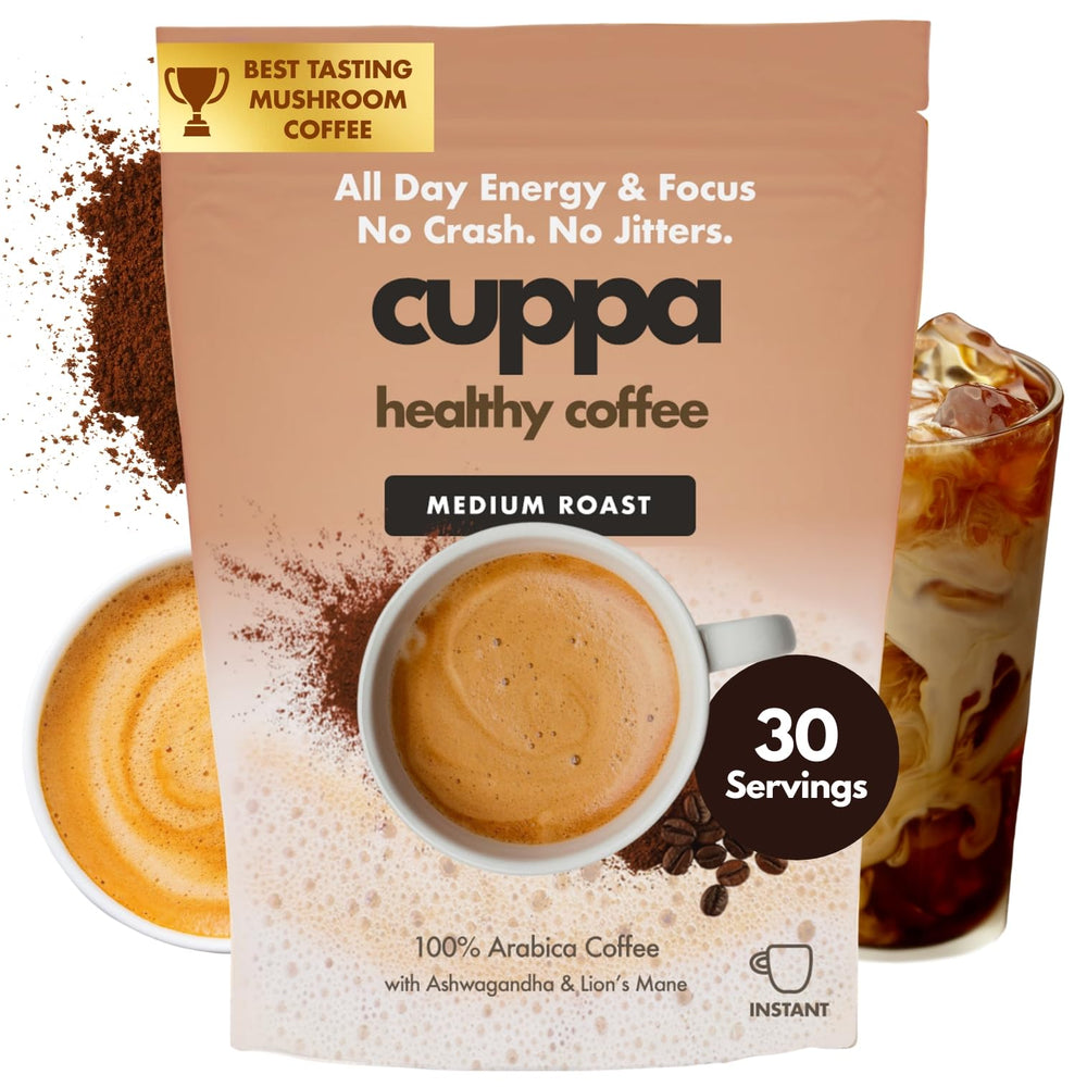 Cuppa Healthy Coffee frente del envase mostrando diseño y porciones