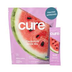 Cure Hydration front box showing 14 watermelon packets and benefits