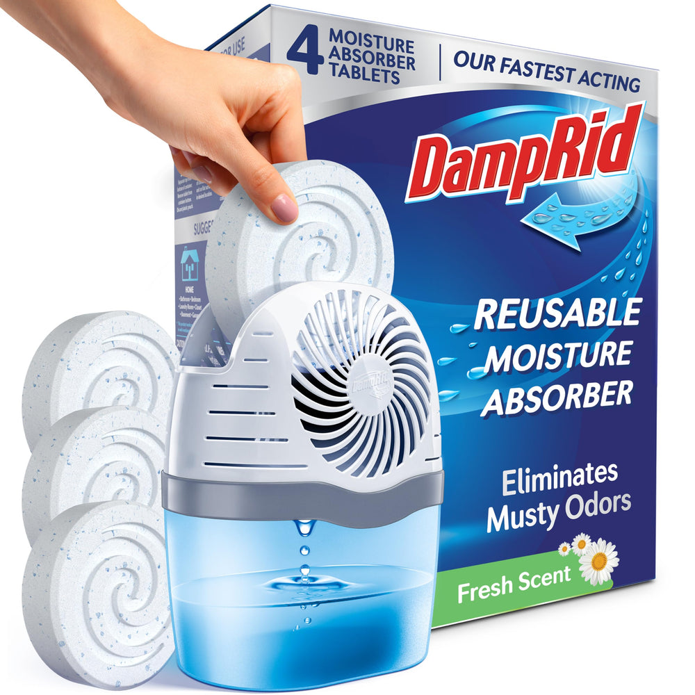 DampRid frente del producto mostrando diseño y beneficio de absorción rápida
